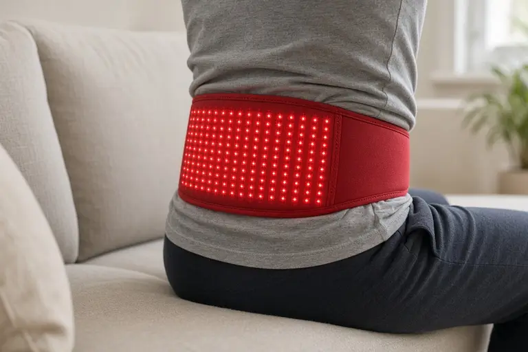 A person sitting on a sofa wearing a red light therapy belt around the lower back