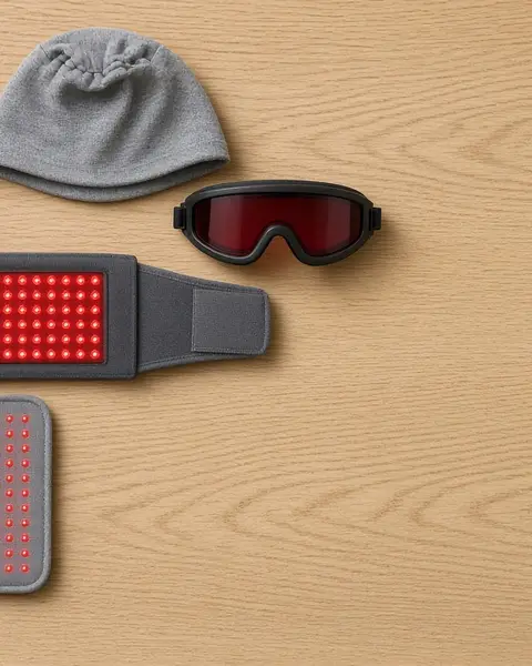Red light therapy pad, belt, panel, cap and eye goggles laid out on a wooden table