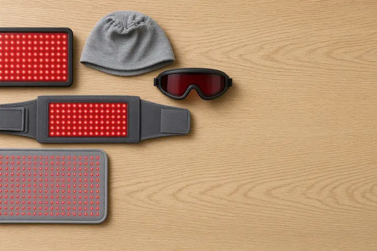 Red light therapy pad, belt, panel, cap and eye goggles laid out on a wooden table