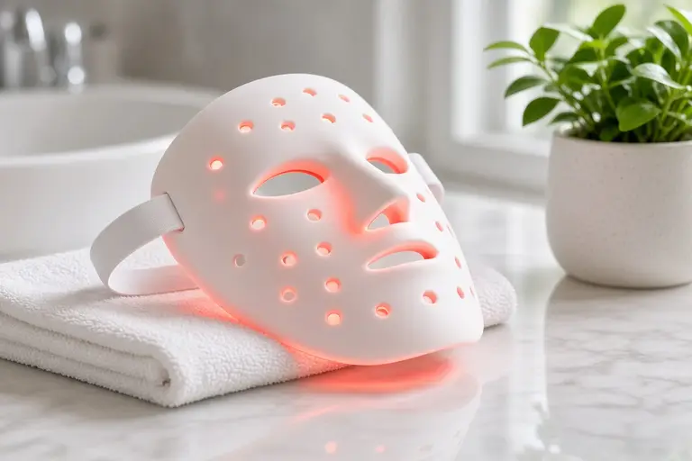 A white LED face mask glowing red, resting on a folded towel on a bathroom counter