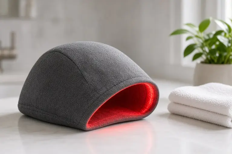 A red light therapy cap with its glowing inner lining, resting on a bathroom counter