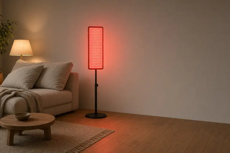 A glowing red light therapy panel on a floor stand in a calm living room