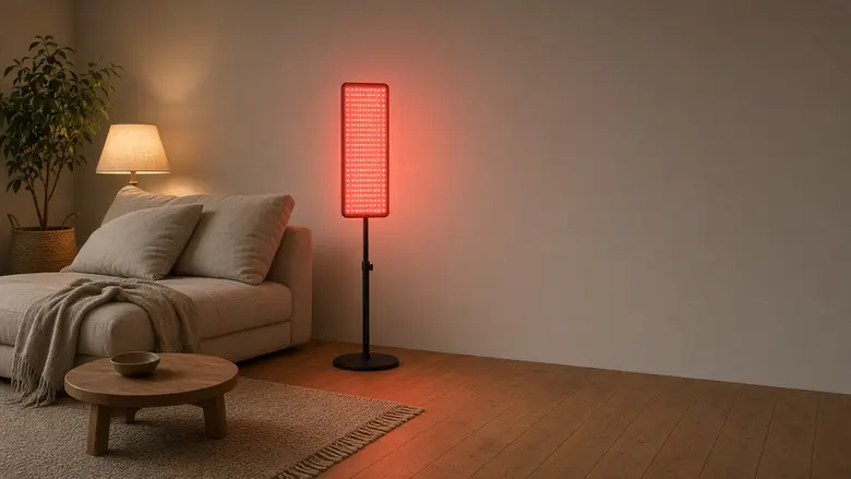 A glowing red light therapy panel on a floor stand in a calm living room