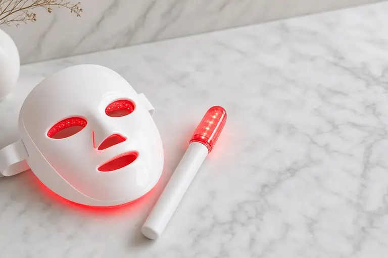 A white LED face mask and a slim red light wand lying side by side on a marble counter