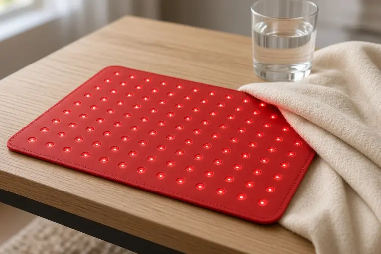 A flexible red light therapy pad lit up on a wooden side table beside a folded throw