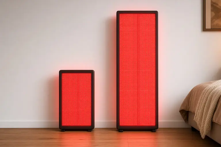 A small and a tall red light therapy panel standing side by side in a bedroom